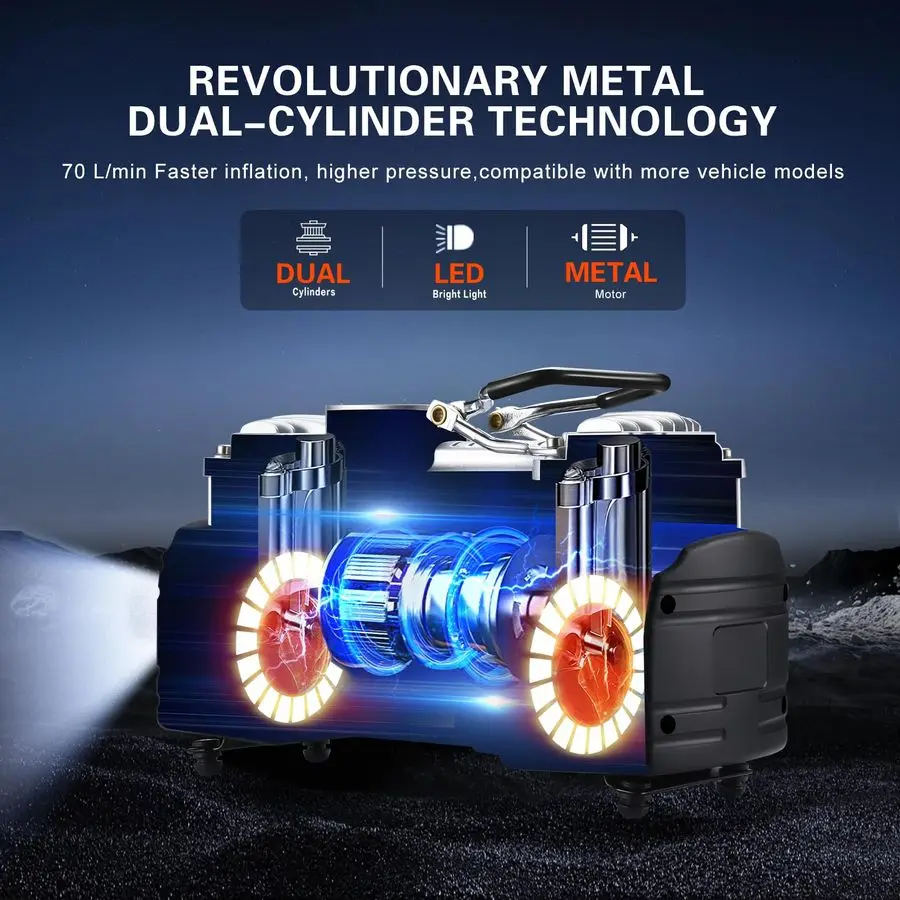 6X Faster Inflation Portable 12V Air Compressor Pump Digital Display Tire Inflator with LED Flashlight, Heavy Duty Dual Cylinder