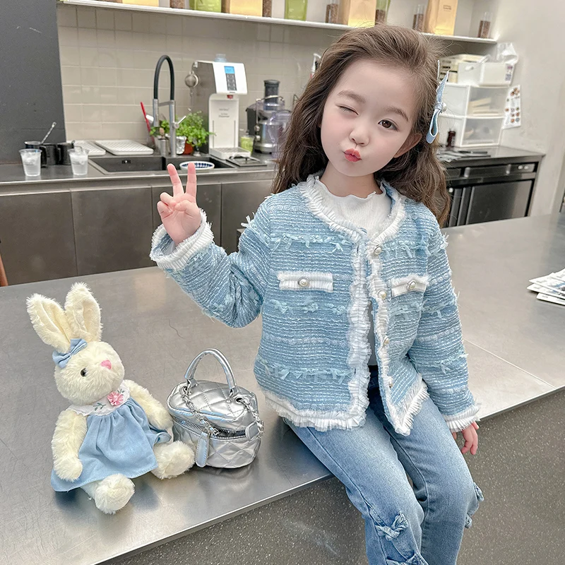 

Fall Spring Tweed Short Coat Girls 2025 Kids Chic Blue Jacket Casual Lace Tops Children Single Breasted Sweet Clothes TR412