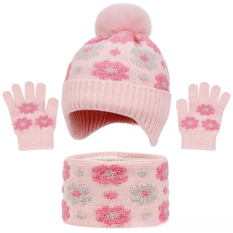 Kids Floral Knit Beanie Hat Fleece Lined Warm Winter Ear Cover Pullover Cap for Boys Girls Outdoor Wear