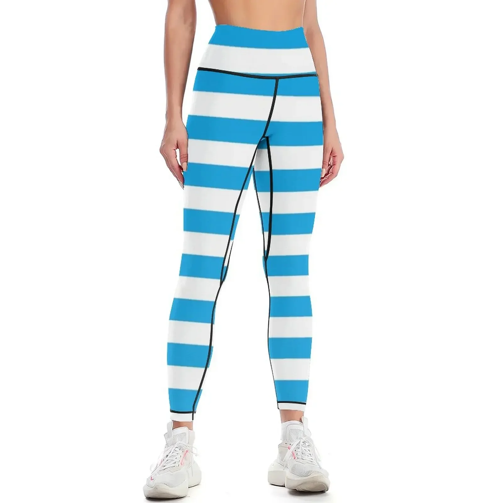 Turquoise Blue and White Stripes | Stripe Patterns | Striped Patterns | Wide Stripes Horizontal Stripes Leggings