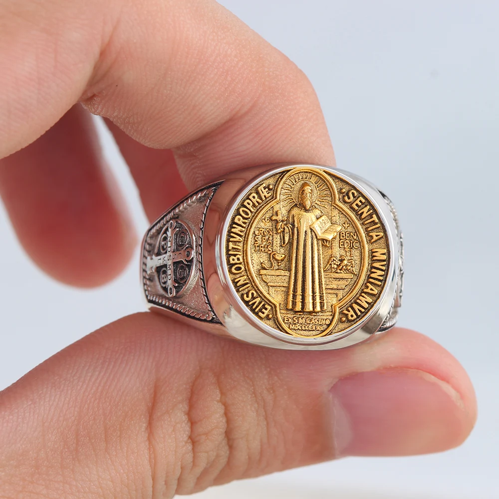 Saint Benedict Medal NDSMD CSSML EIVS IN OBITV NRO PRAE SENTIA MVNIAMVR Catholic Talisman Solid Sterling Silver Ring