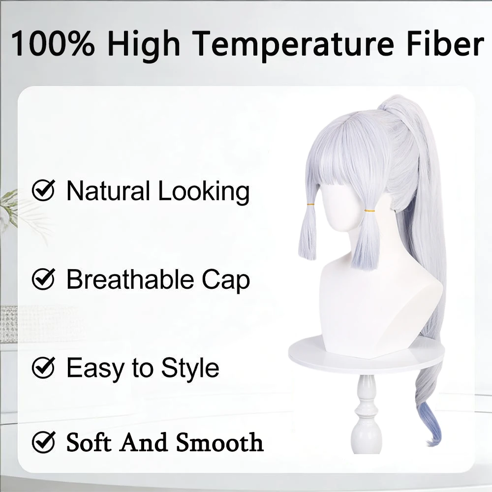 Long Silver White Ponytail Ponytail Wig with Blue Ombre Tips Heat Resistant Synthetic Hair Bangs for Women Cosmetic Daily Wear