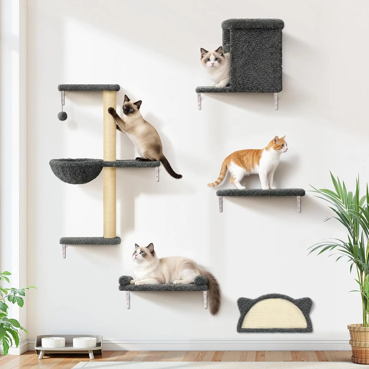 

Indoor Wall Mounted, Solid Wood & Velvet & Sisal Cat Wall Shelves, 44lbs Max Load, Dark Gray
