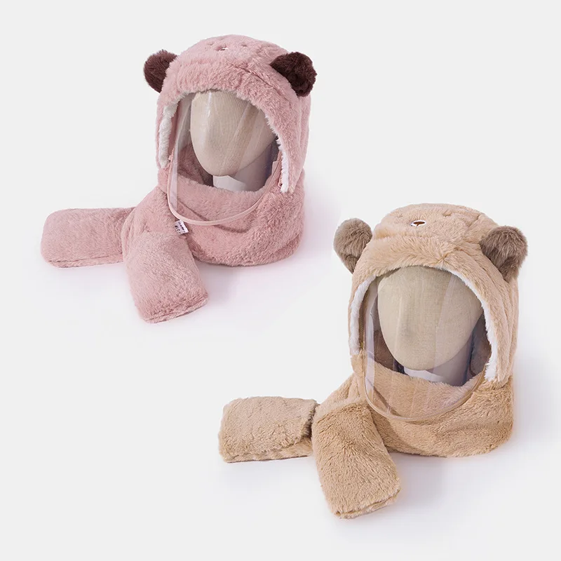 

Cute Animal Ear Plush Hat 3-in-1 Kids Winter Cap Scarf Gloves Set with Detachable Windproof Face Shield