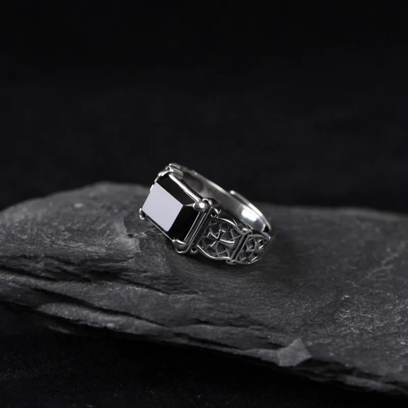 HX Silver Color New Cross Ring Men\'s Personality Dominant Trend Hip Hop Single Ring Black Stone Jewelry