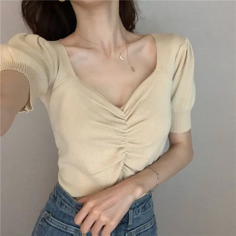 Summer Women Solid Slim Knitted T-shirt Versatile Fashion Short Tees Female Korean Clothing V-neck Short Sleeve Casual Sexy Tops