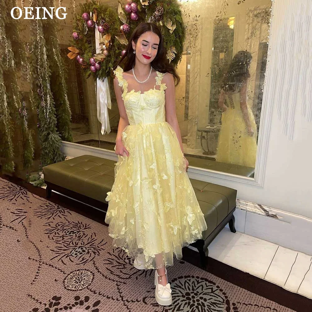 OEING Pastrol Yellow Prom Dresses Fairy Spaghetti Strap 3D Butterfly Tea Length Party Dress For Women Lace Up Back Evening Gowns