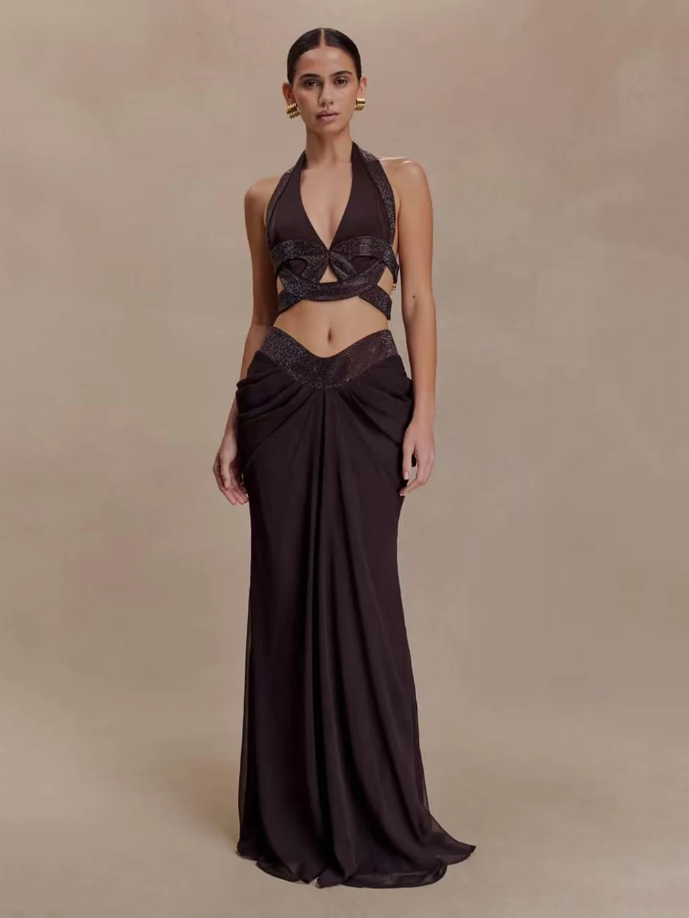 European And American Style Spicy Girl Hanging Neck Hot Diamond Exposed Waist Set Skirt Sexy Slim Fit Long Dinner Dress