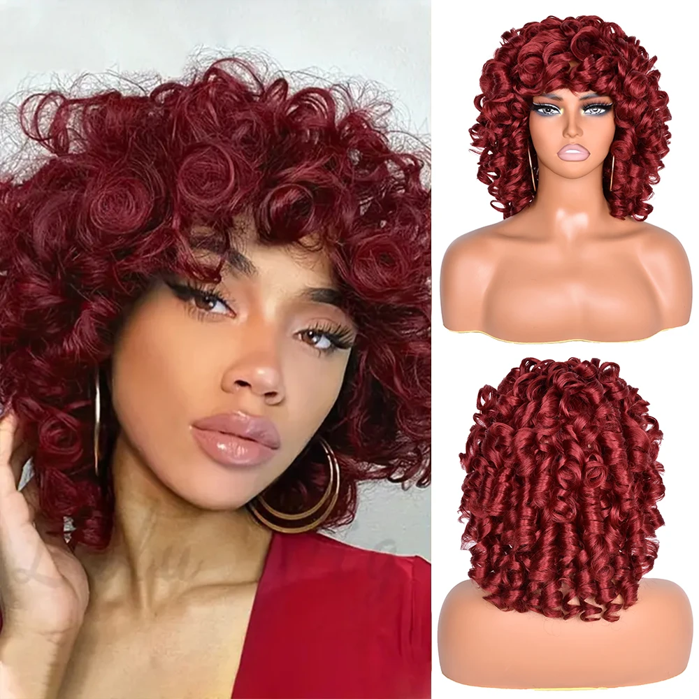 

14‘ Afro Kinky Curly Wigs with Bangs For Black Women Synthetic Burgundy Cosplay Natural Hair Brown Blonde Wig