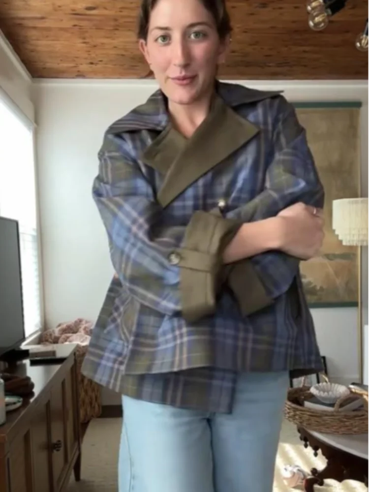 Chique xadrez dupla face casacos feminino lapela único breasted manga longa bolso rendas até jaqueta 2025 outono senhora casual outwear novo