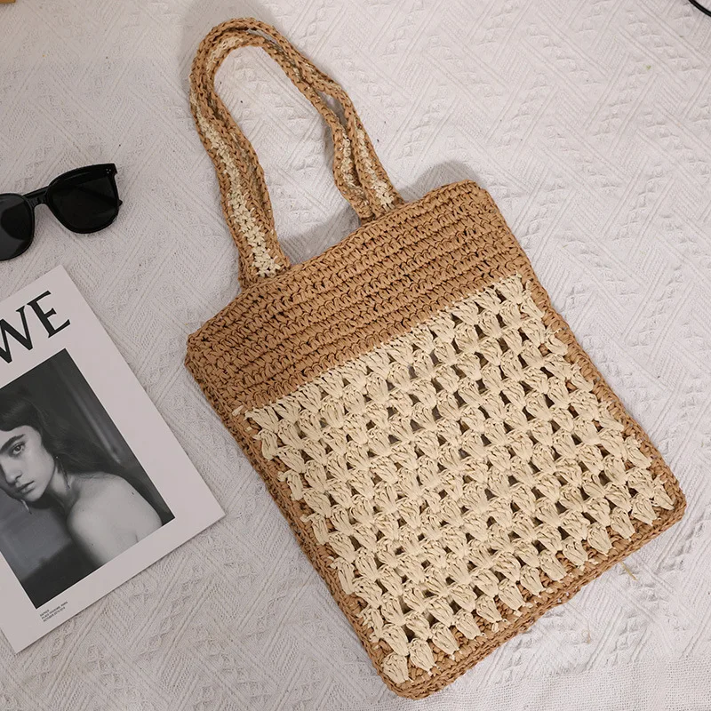 

Summer Hollow-Out Straw Shoulder Bag Women's Bohemia Hand-Woven Handbag Big Capacity Foldable Tote Travel Beach Bag for Females