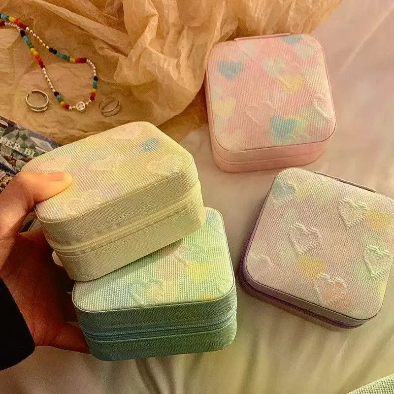 Portable Travel Jewelry Storage Box Cute Heart Embroidery Multi Compartment Small Size Organizer Fits Purse Backpack Luggage
