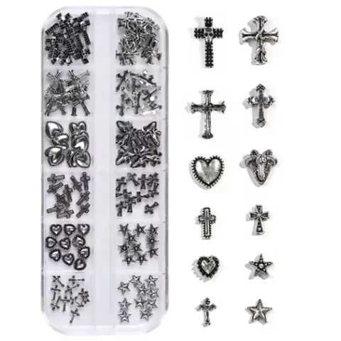 120 pz/1 scatola Europeo Americano scuro stile vintage croce nail art patch y2k Premium Metal Style Heart Nail Metal Decorment Set