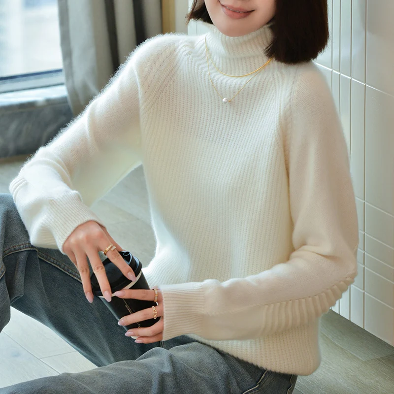Jesień/zima nowy 100% czysty wełniany sweter damski Casual dzianinowe topy damskie z golfem pogrubiony sweter luźna odzież kaszmirowa