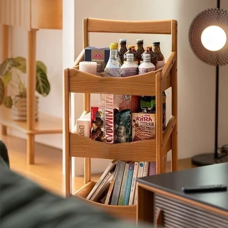 All solid wood cherry wood shelves, living room with wheels, fruit snacks and drinks trolley, home mobile display rack