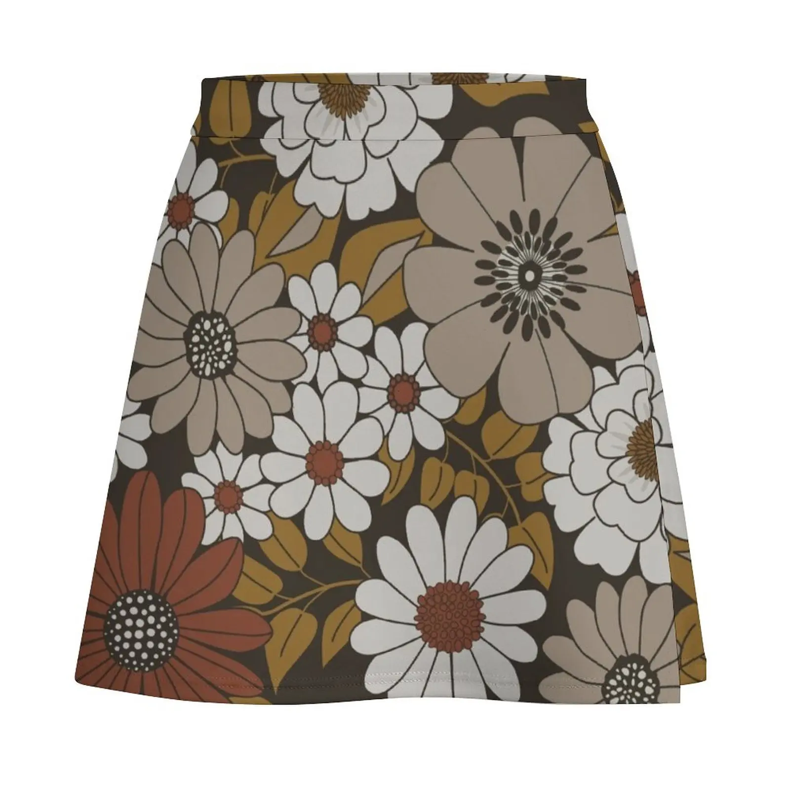 Brown, Orange, and Ivory Retro Flower Pattern Mini Skirt korean summer clothes women's skirt 2025 trend