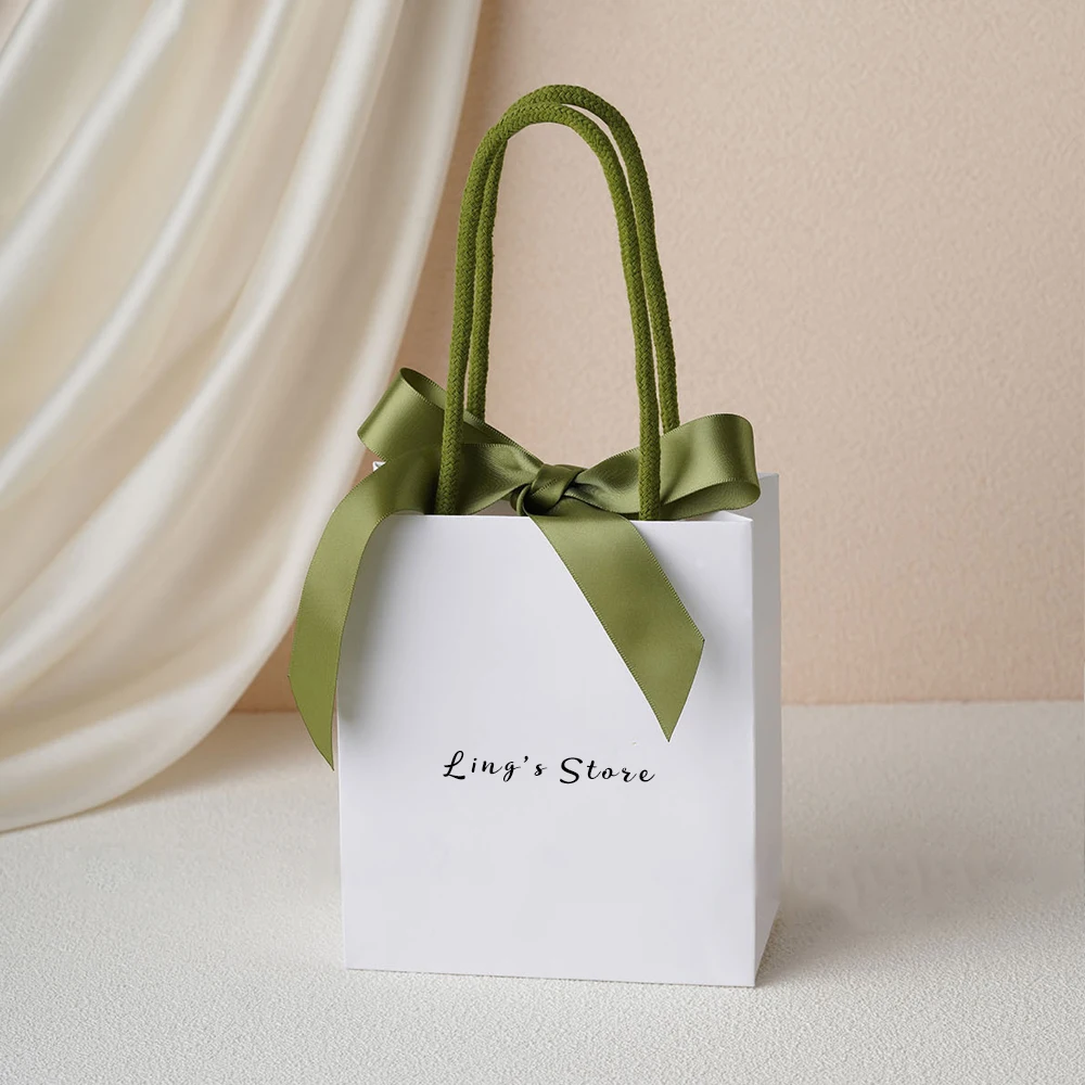 50/100 шт. персонализированная белая сумка с бумажной ручкой для ювелирных изделий 15,5x13,5x7,5 см косметические свадебные сувениры подарочная упаковка бутик мешок для часов