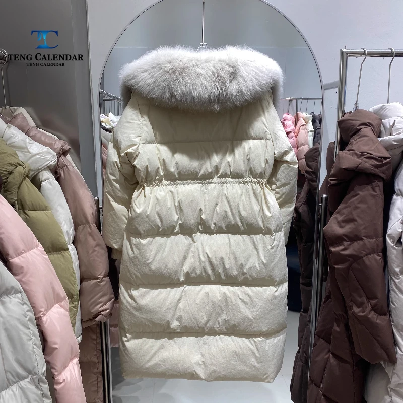 여우털 칼라 다운 재킷, 중간 길이 허리 조임 및 슬림핏 무릎 아래 두꺼운 재킷, 여성용 2025 겨울 신상