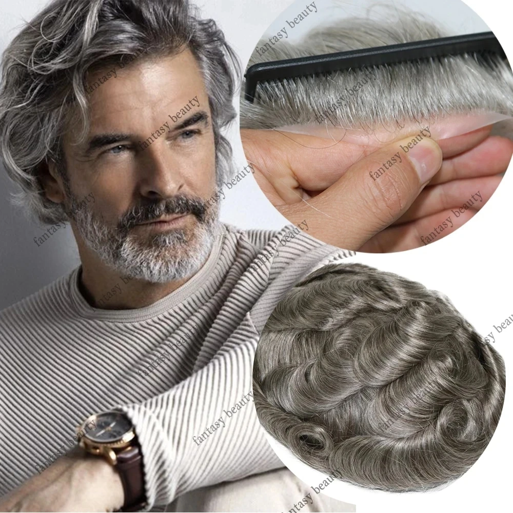 Natural hairline Gray Black Men's wig Human hair wig Thin skin durable Full skin PU capillary prosthesis replacement system