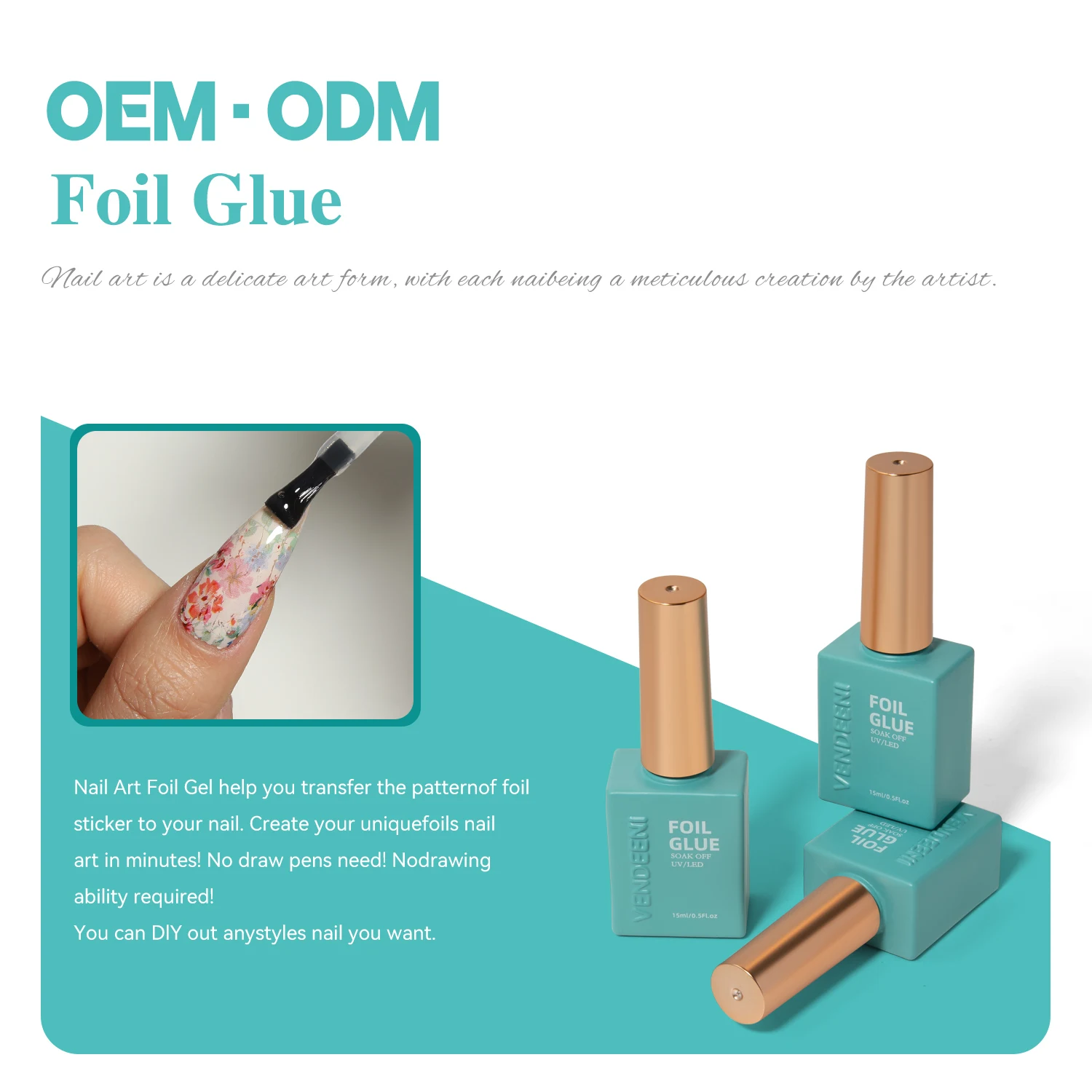 Vendeeni New Arrival UV LED Nail Gel Polish Clear Foil Gel Foil Transfer Glue Private Label Soak off Art Polish 15ml Bottle