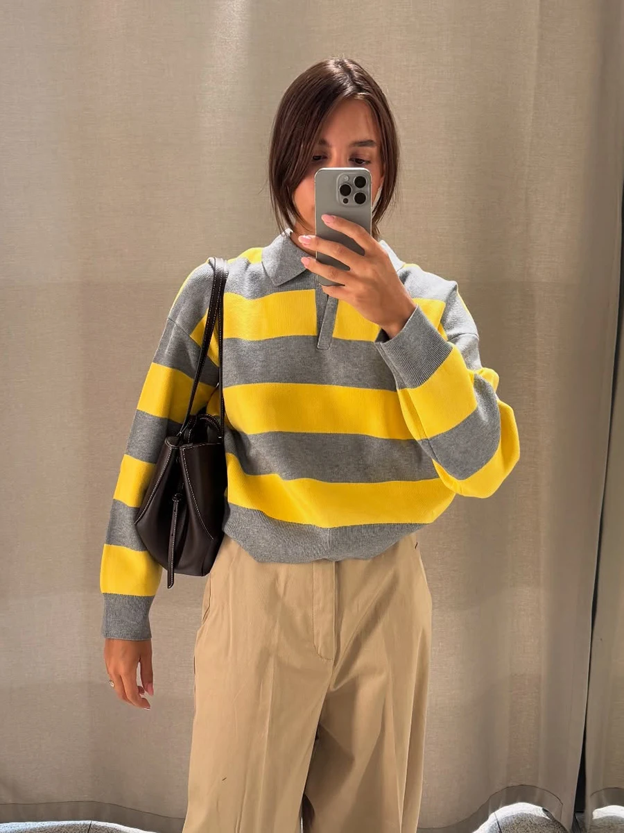 

Yellow Striped Knitted T-shirt Women Autumn New V Neck Long Sleeve Pullover Tee Shirts Streetwear Fashion Loose Vintage Top Tees