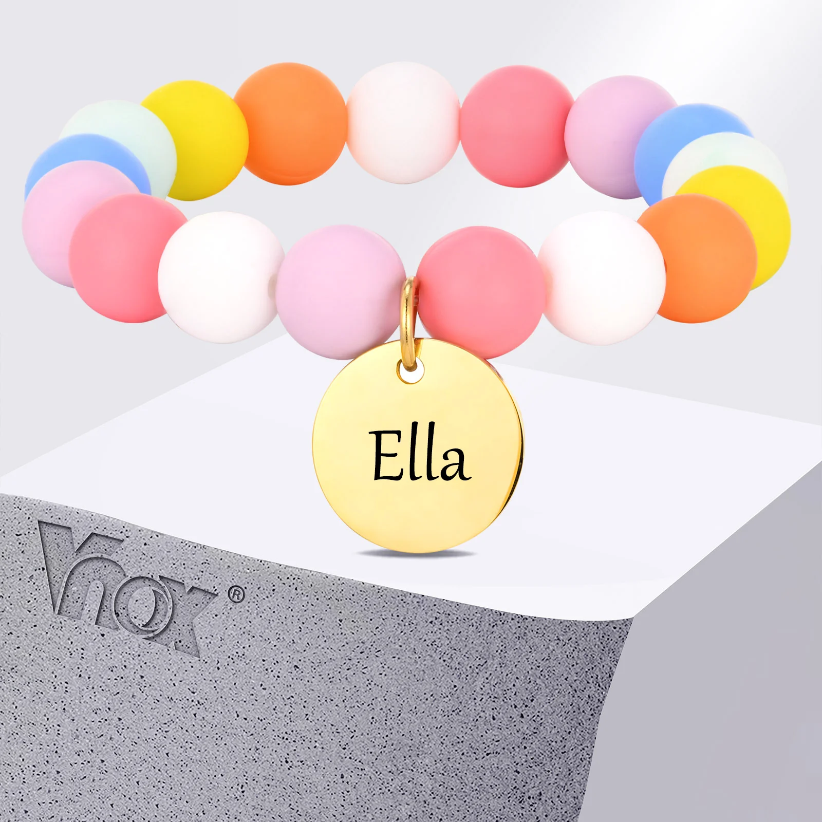 

Vnox Free Custom Engrave Name Charm Bracelets for Girls, Pink Blue Beads Bracelet, Stretch Beaded Name Engraved Jewelry Gift