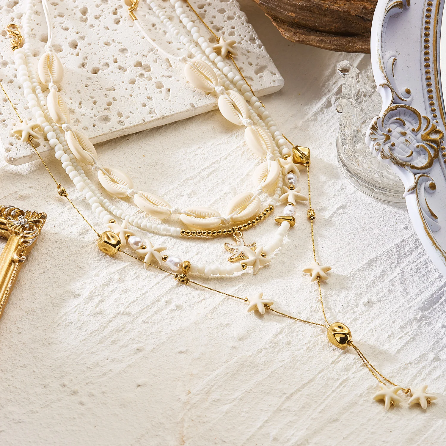 Böhmische Muschel-Seestern-Quasten-Halsketten-Sets für Frauen Handgefertigte Reisperlen-Stapel-Halsketten Trendiger Sommer-Strandschmuck – Detail 6