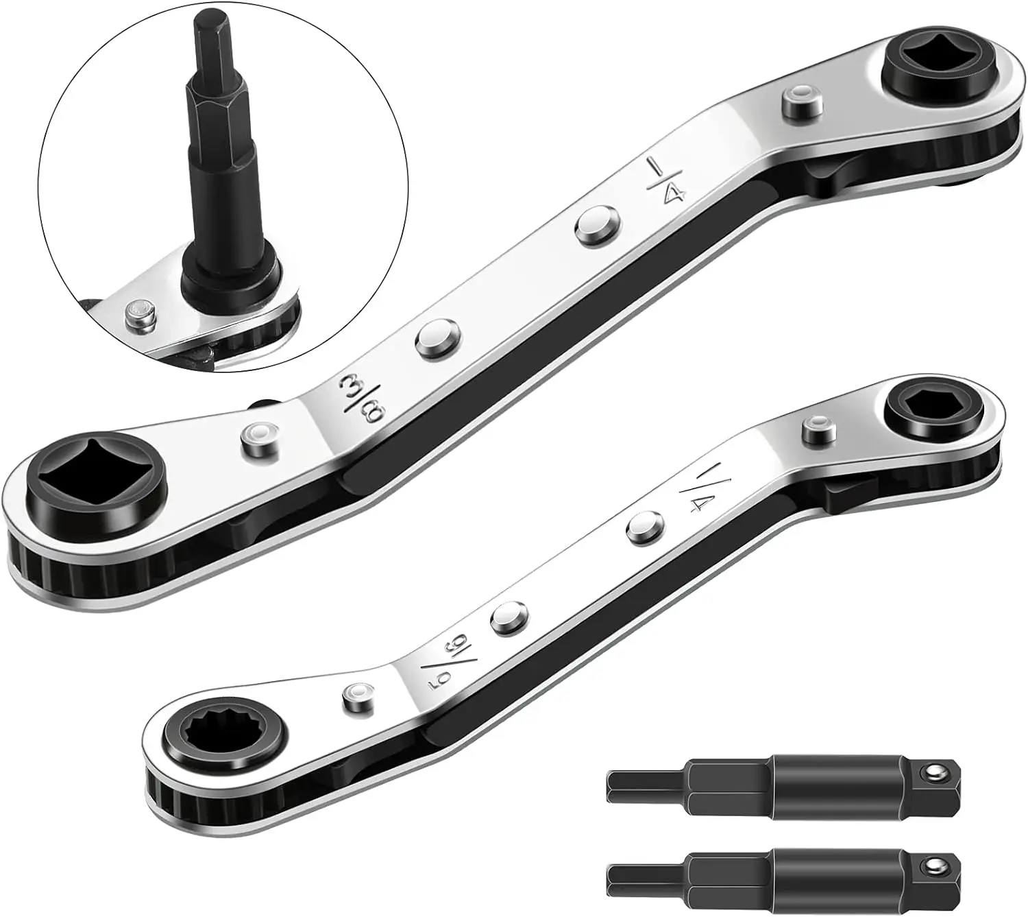 Service Wrench Tools 3/16” to 3/8” 5/16\'\' x 1/4\'\'Air Conditioner Valve Ratchet Wrench with 2 Hexagon Bit Adapter