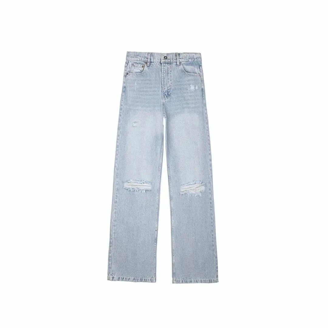 

Women's new fashion Broken hole decoration casual high waisted jeans retro side pocket zipper women's jeans