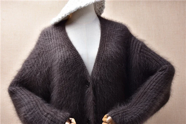 Female Women Autumn Winter Clothing Hairy Thick Warm Mink Cashmere Knitted V-Neck Long Sleeves Loose Cardigans Sweater Jacket