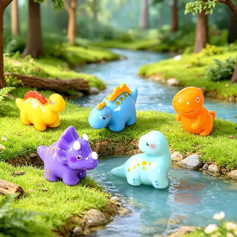 6Pcs Cute Mini Dinosaur Resin Figurine Set Cartoon Dinosaur Ornament DIY Accessory For Micro Landscape Phone Case Fridge Decor