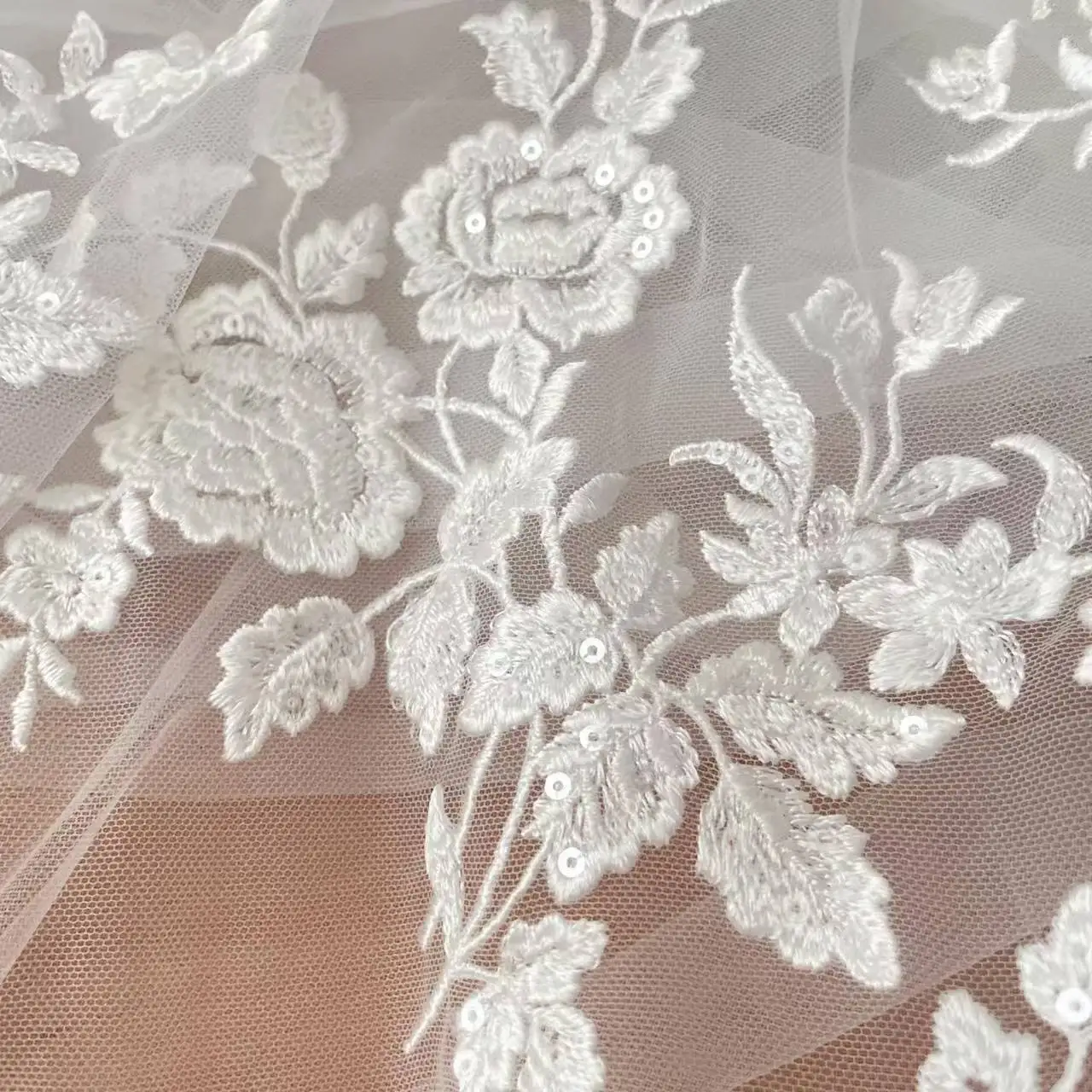 

French Embroidered Lace Fabric, Beautiful Flower, Romantic Wedding Sequins, DIY Weeding Dress Background Decoration Accessories