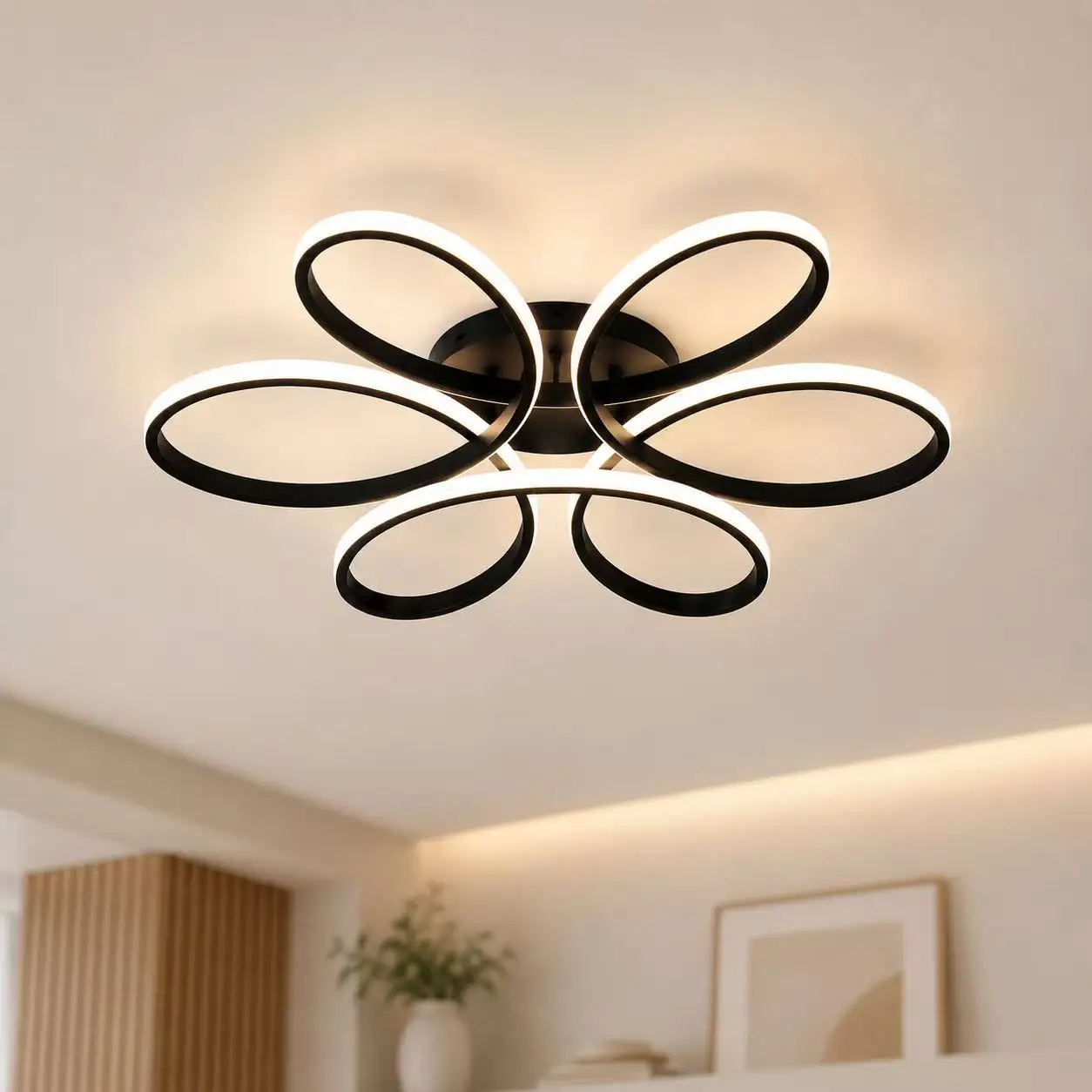 Modern 6‑Ring Flower LED Ceiling Light, 3 Color Changing Dimmable Flush Mount Ceiling Lamp, Creative Petal Shape LED Chandelier Lighting for Living Room Bedroom Dining Room Home Decor