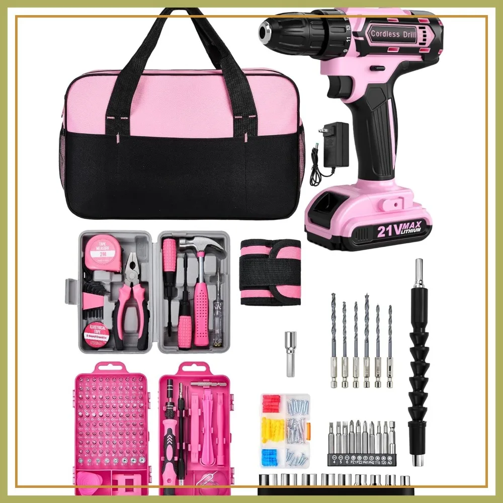 

21V Cordless Drill Set 215 Pcs Pink Power Tool Kit with Storage Bag for Women DIY
