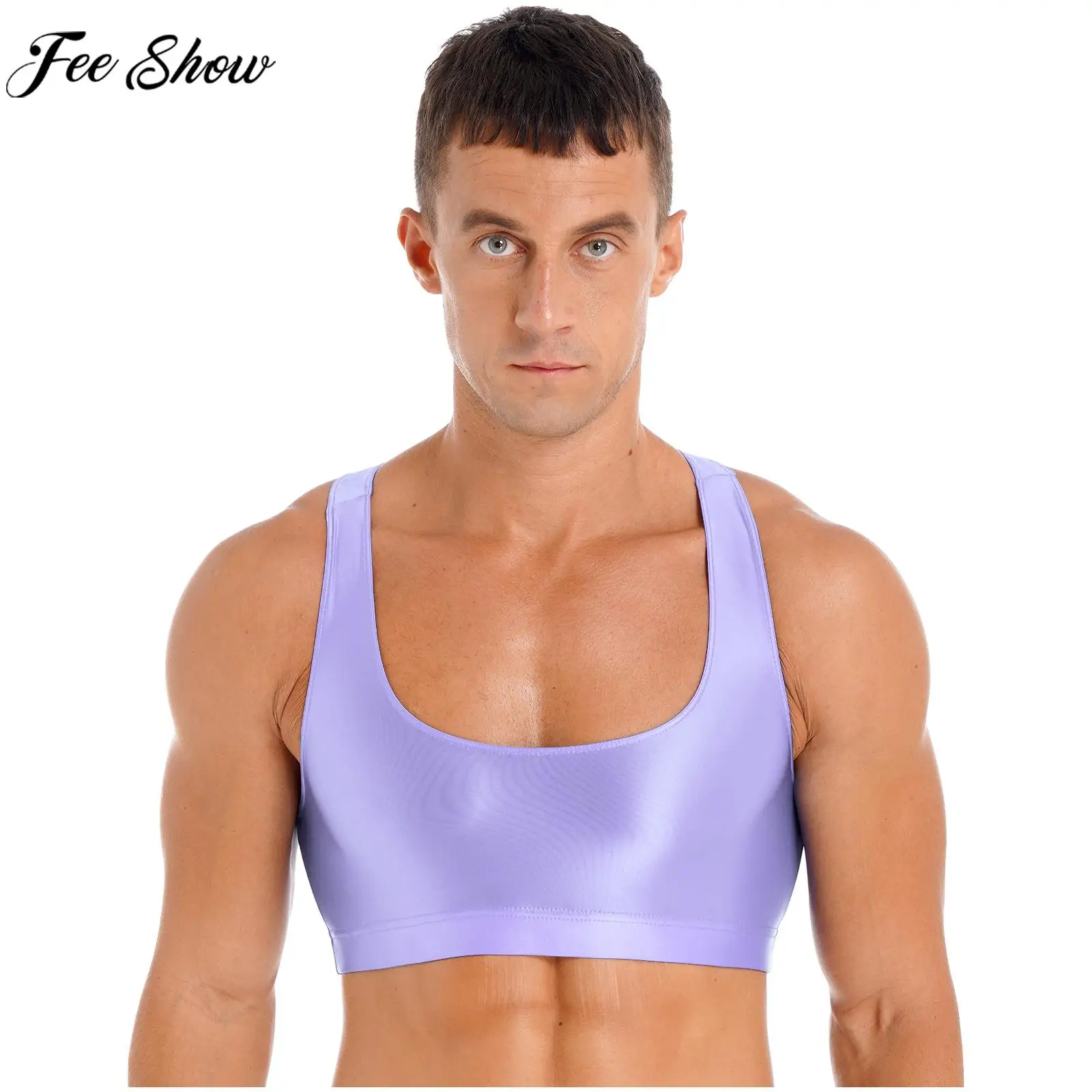 Mens See-through Glossy Tank Crop Tops Solid Color Vest Fitness Yoga Sportswear Swimwear Surfing Costume Beachwear Sleepwear