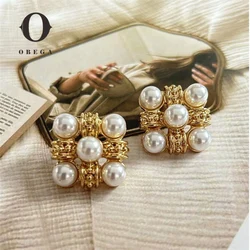 Obega Square Shape Imitation Pearl Tiny Earrings Stud Trend Gold Color Twisted Earrings Simple Party Jewelry For Woman Gift