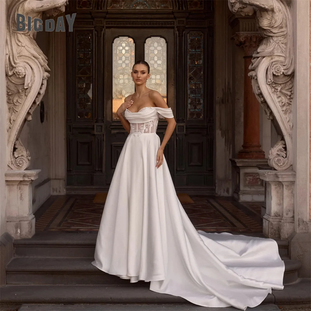 

BIGDAY Lace A-Line Satin Wedding Dress 2025 Off The Shoulder Pleat Applique Open Back Bridal Gown Vestido De Noiva Customized