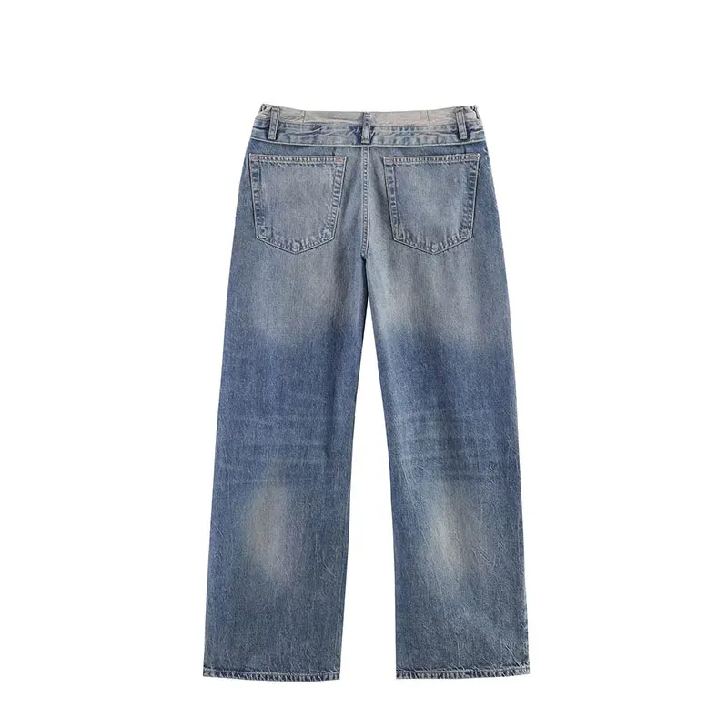TFAFXY 2026 Spring Women Casual Ripped Holes Denim Fashion Mid Waist Flanging Button Streetwear Long Pants Female Trousers