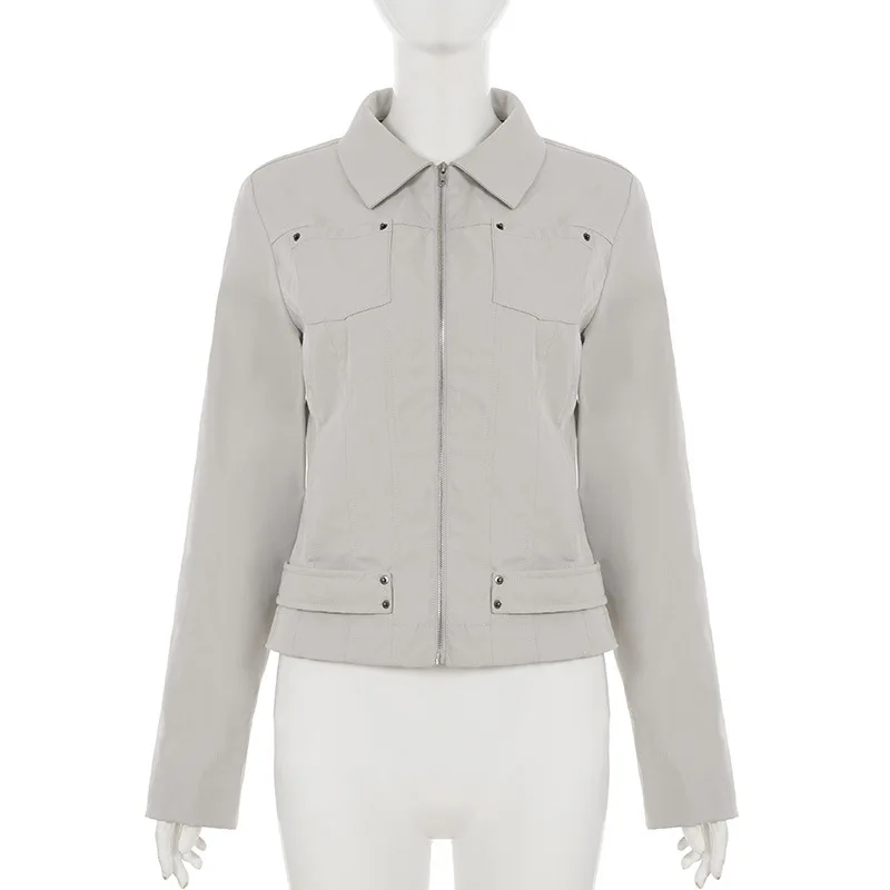 Women Jacket Pocketd Long Sleeve dCasual Zipper Coats Slim Fit Turn Down Collar Solid Outwear Elegant Lady Autumn - Image 6