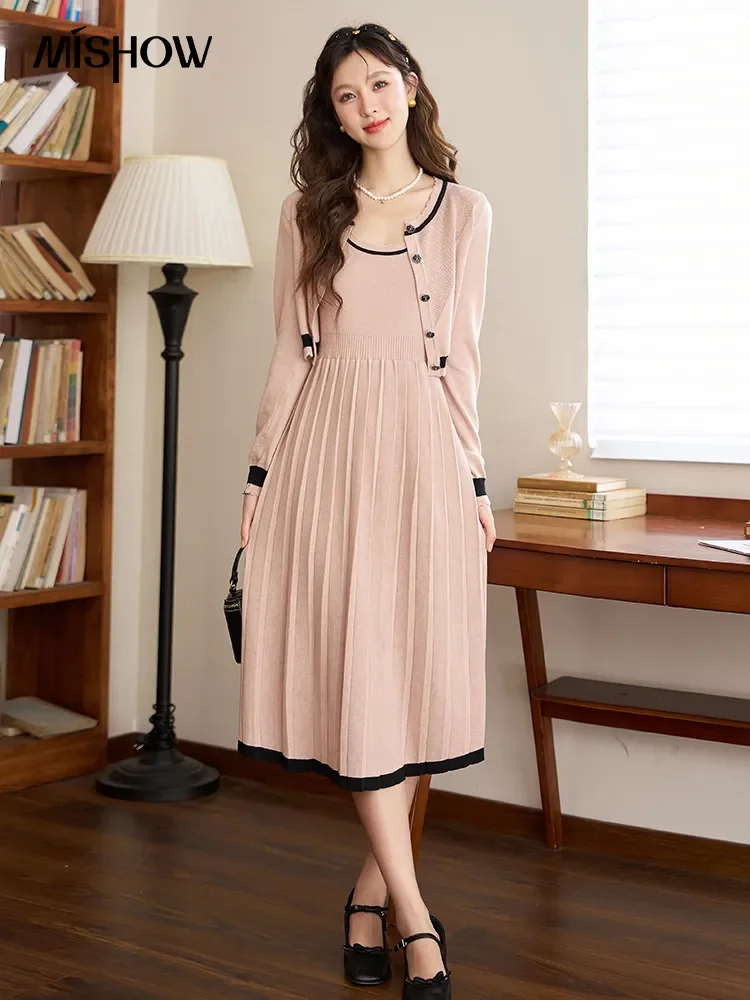 MISHOW Wool Blended Knitted Set Separately 2024 Autumn Hollow Cardigan Top Slim French Pleated Elegant Dresses Sets MXC43T0142