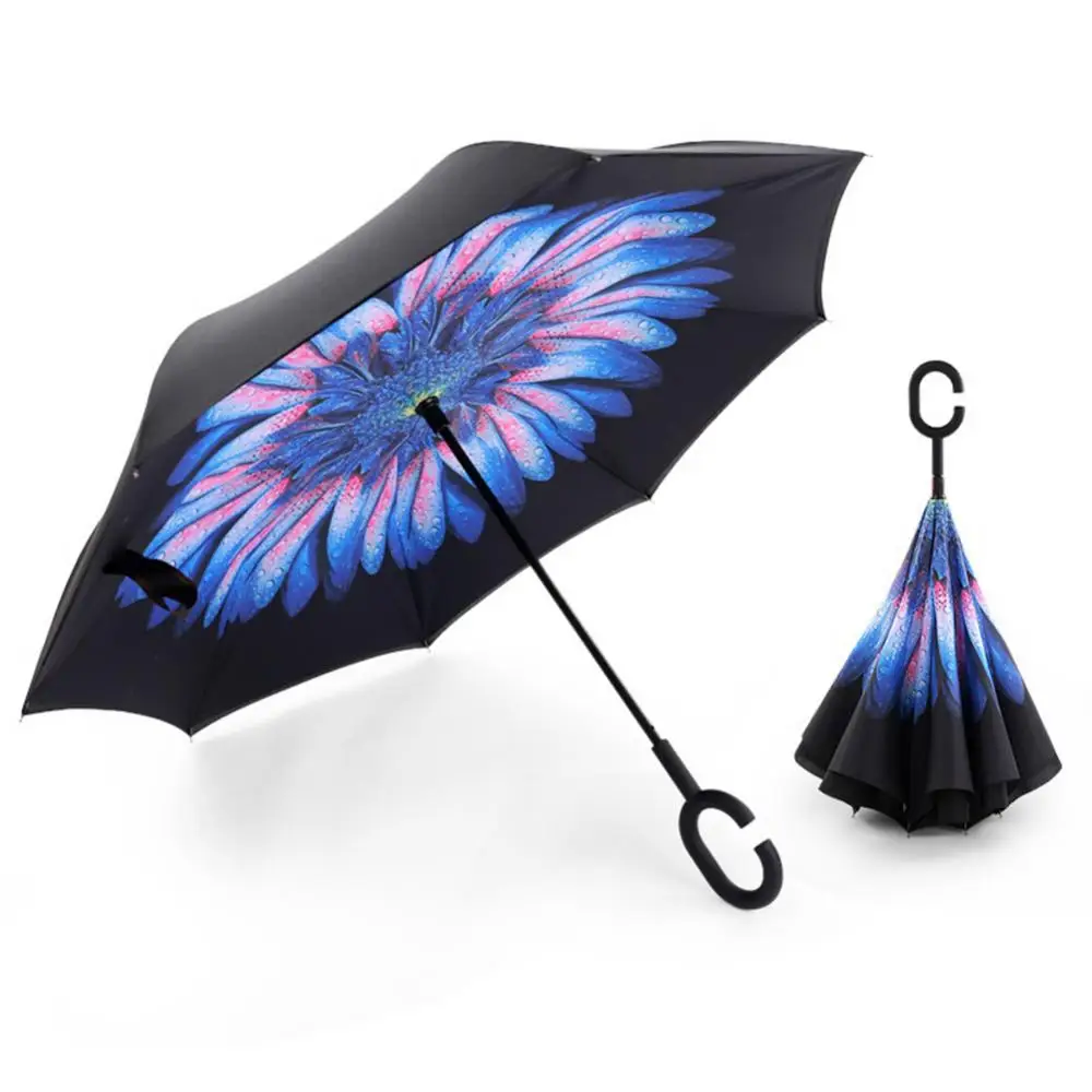 Women Handsfree Umbrella Windproof Double Layer Anti-UV Windproof C-Shaped Handle Inverted Upstanding Umbrella Sunshade Umbrella