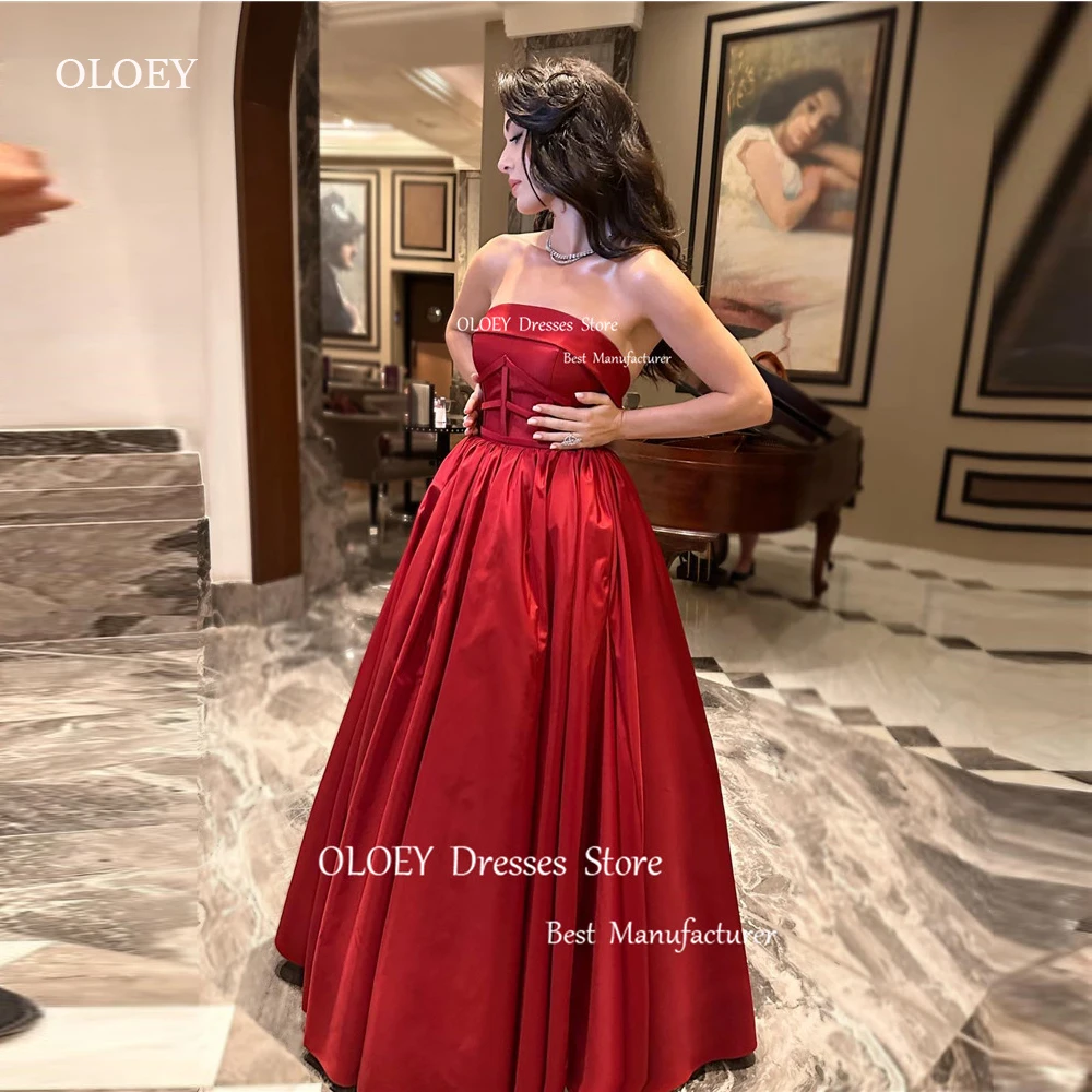 

OLOEY Wine Red Satin Evening Dresses Dubai Arabic Women Strapless Floor Length Prom Gowns Long Formal Celebrity Dress 2024