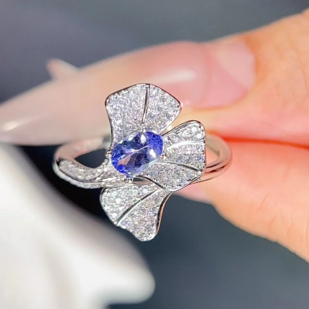 925 Silver Tanzanite Ring 4x6mm 0.5ct Natural Tanzanite Jewelry with Certificate 18K Gold Plated Silver Leaf Ring with Gemstone.