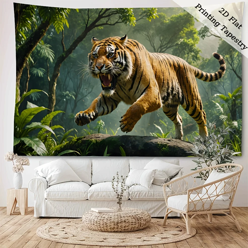 Roaring Tiger Tapestry, Wild Bengal Tiger in Jungle, Powerful Animal Wall Art for Living Room Bedroom Decor