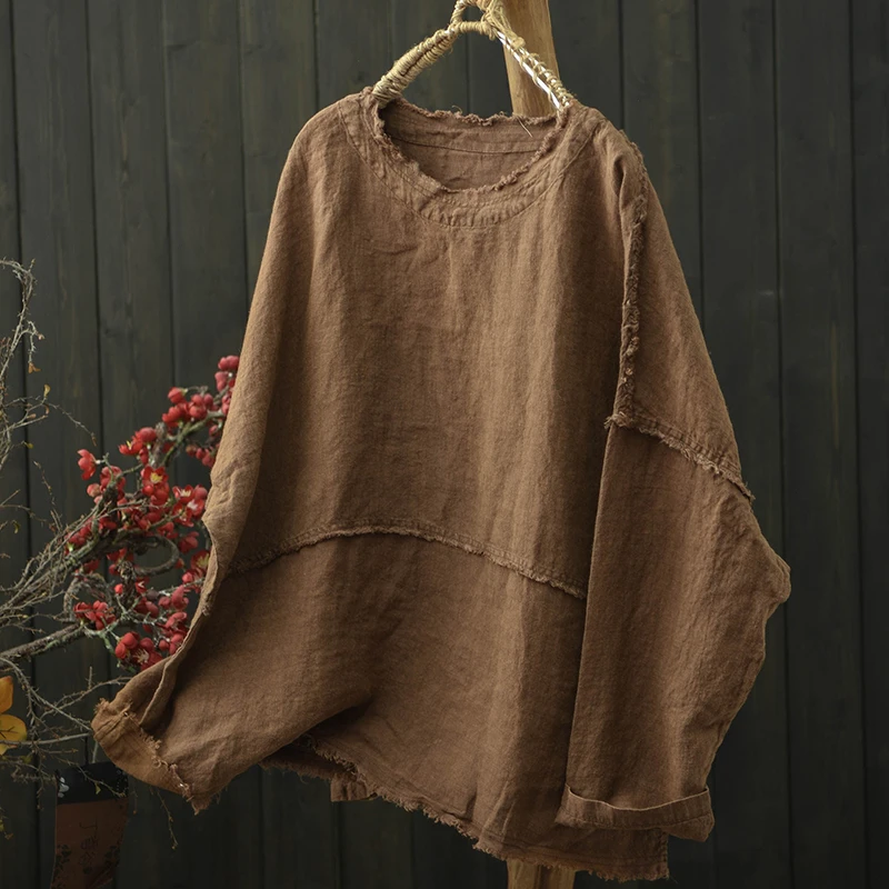 

Новинка 2026: Женские льняные футболки с длинным рукавом, повседневные, в винтажном стиле, с круглым вырезом, однотонные, свободного кроя, топы M2419
