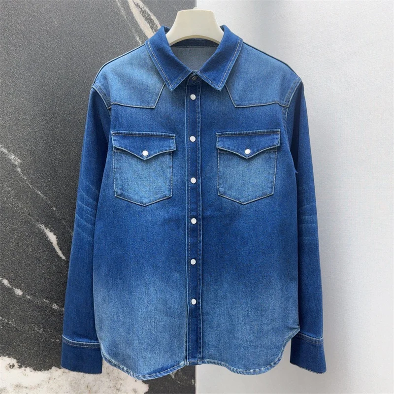 

Women's shirt New retro pure cotton collar long sleeved top for autumn 2025 Single breasted slim fit Women's blouse Denim shirt