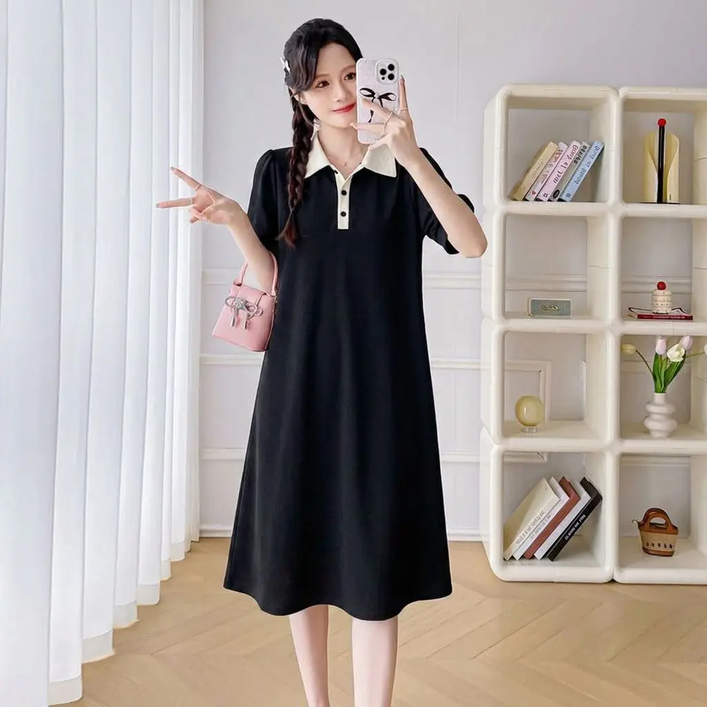Maternity Summer Dress Polo Collar Midi Dress Loose Comfortable Casual Polyester Fabric Short Sleeve Women's Fashion 2026