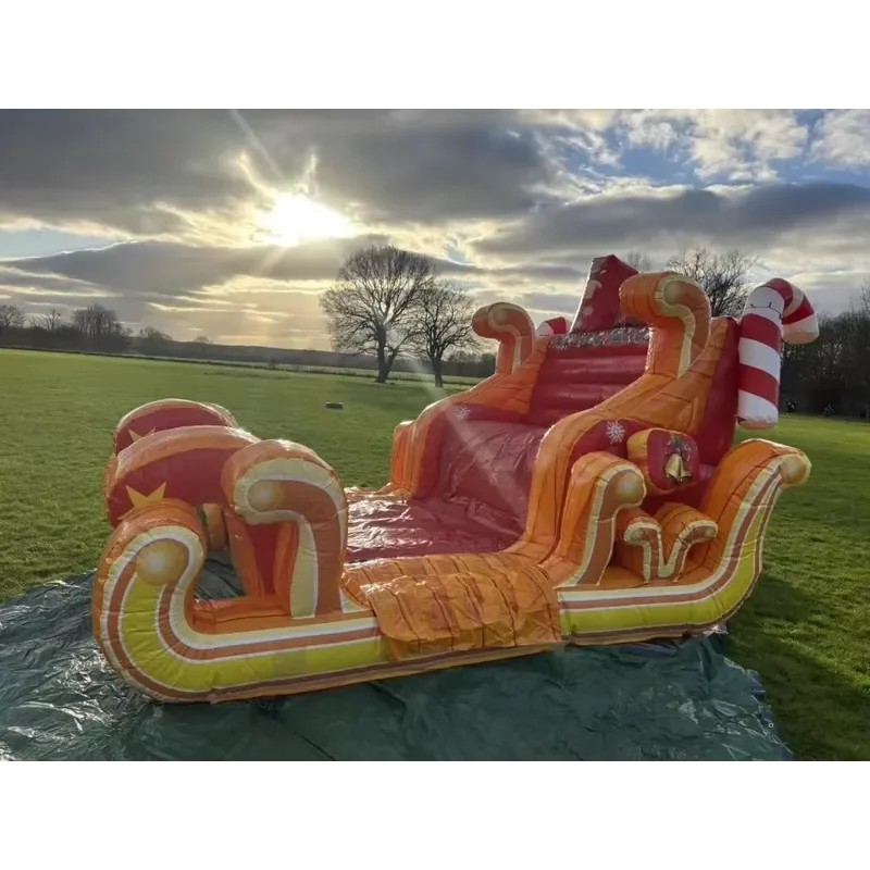 Large Gold Inflatable Christmas Sleigh with Santa Claus Figure Giant Holiday Yard Decoration Outdoor Lawn Ornament for Xmas