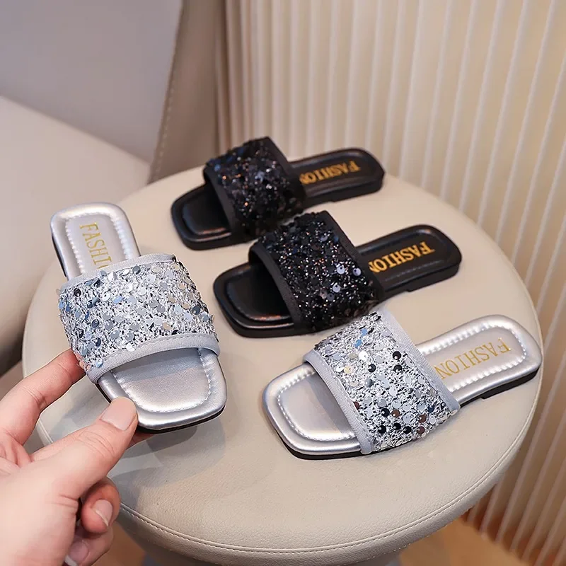 

Girls Sequins Slippers Fashion Children Flats Princess Slippers Soft Sole Anti-Slippery Kids Summer Beach Shoes Size 26-36