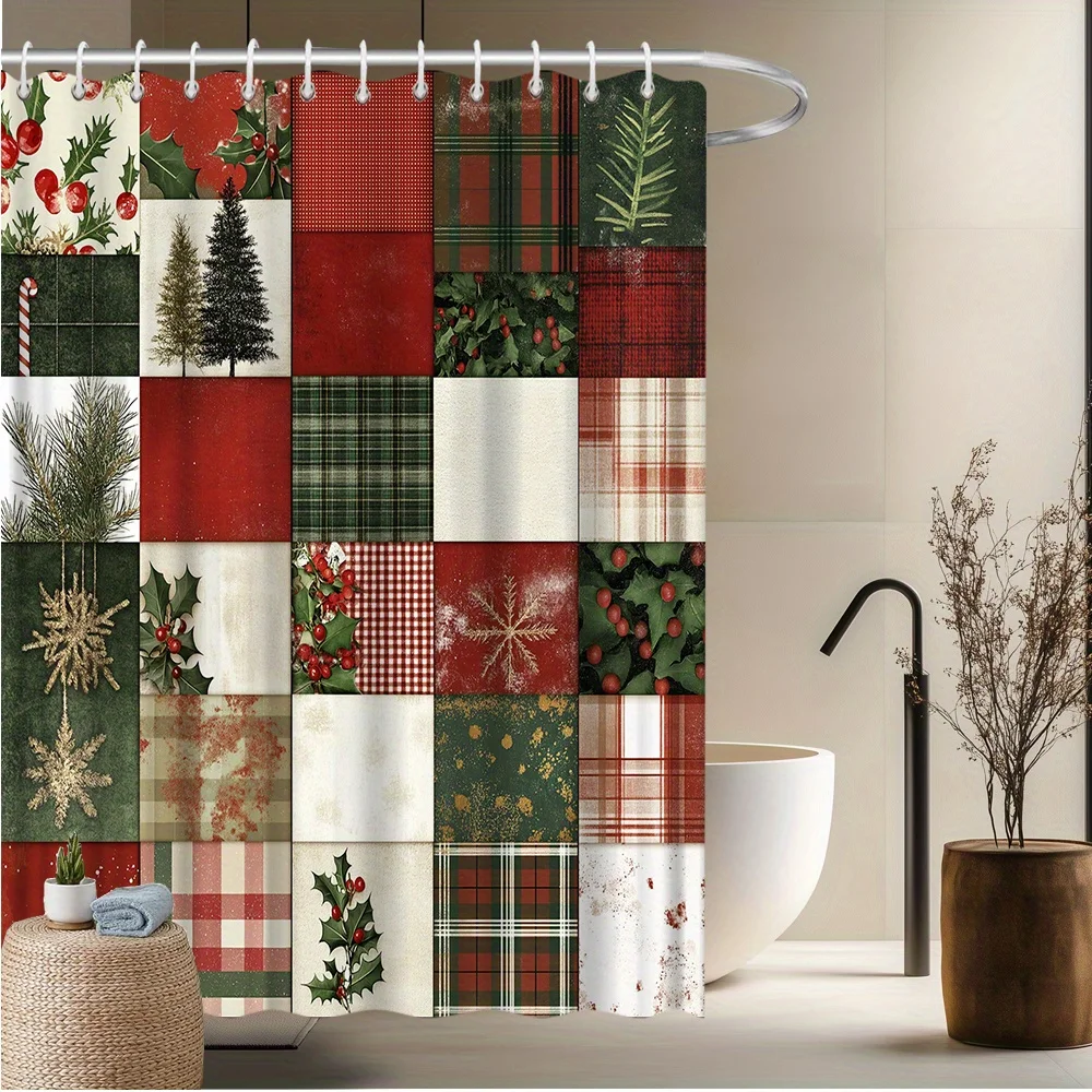 1pc Extra-Large Christmas Shower Curtain - Vintage Holiday Bathroom Decor with Holly Berries, Fir Trees, Snowflakes, And Red, Green, And Golden Plaid Patterns - Fade-Resistant, Machine Washable Polyester Fabric - 70.8X70.8Inch Extra-Large Size